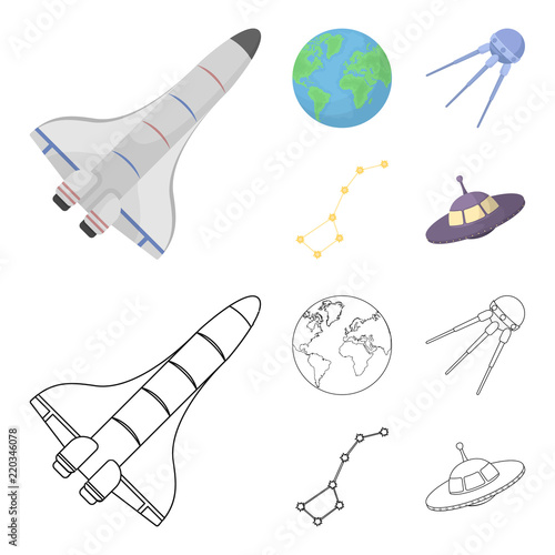 Planet Earth with continents and oceans, flying satellite, Ursa Major, UFO. Space set collection icons in cartoon,outline style vector symbol stock illustration web.