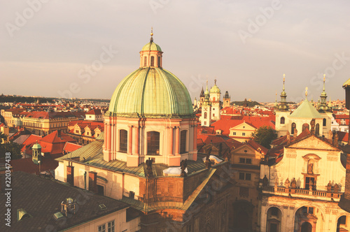 Prague, Czech Republic, top view of the city in vintage colors