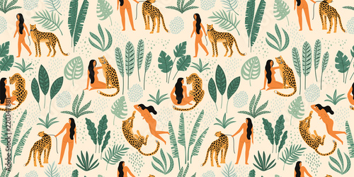 Vector seamless pattern with women, leopards and tropical leaves.
