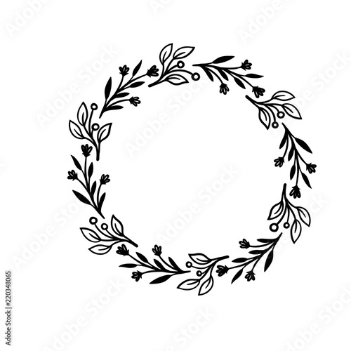Hand drawn vector frame. Floral wreath with leaves for wedding and holiday. Decorative elements for design. Isolated on white background