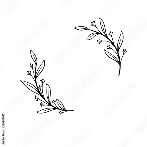 Hand drawn vector frame. Floral wreath with leaves for wedding and holiday. Decorative elements for design. Isolated on white background
