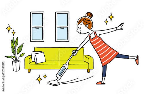 女性：部屋、掃除、掃除機、コードレス
