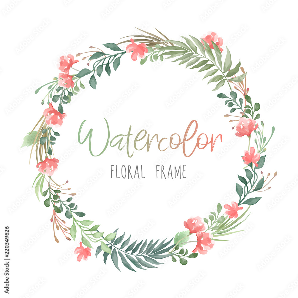Vector romantic round floral frame with plants and flowers in watercolor style isolated on white background - great for invitation or greeting cards