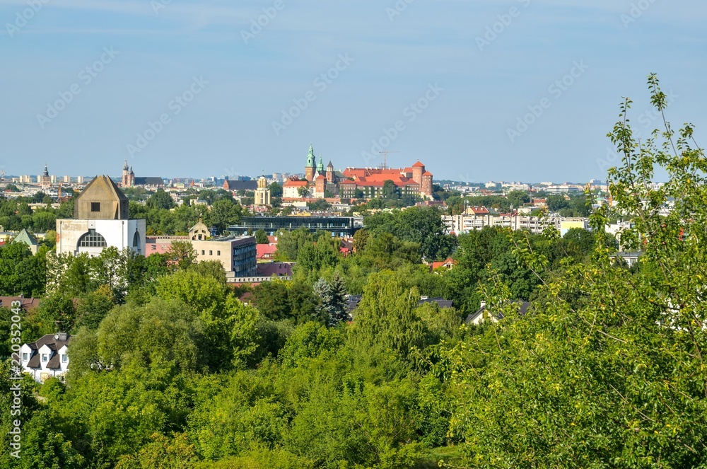 Beautiful urban landscape. View of the city of Krakow from the Zakrzowek quarry.