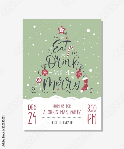Vector christmas party invitation with handwritten modern brush lettering.