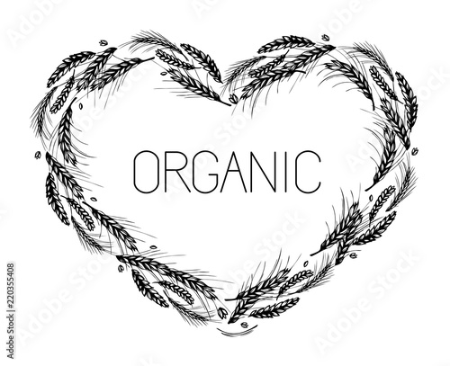 Rye, barley, malt and wheat heart frame on white background. Love organic. Black and white hand drawn sketch for bakery, cereals, flour or labels design. JPG include isolated path