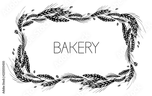 Rye, barley, malt and wheat rectangular frame or wreath on white background. Black and white hand drawn sketch for bakery, cereals or labels design. JPG include isolated path