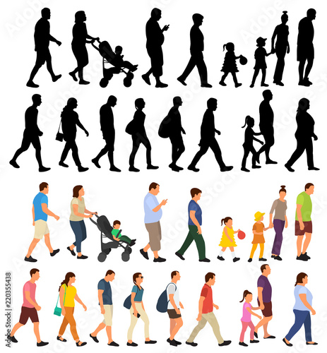  isolated, walking people, flat style, set, silhouette