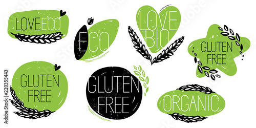 Set of gluten free, organic, love bio, eco icons or labels. Hand drawn style. Green and black. JPG include isolated path