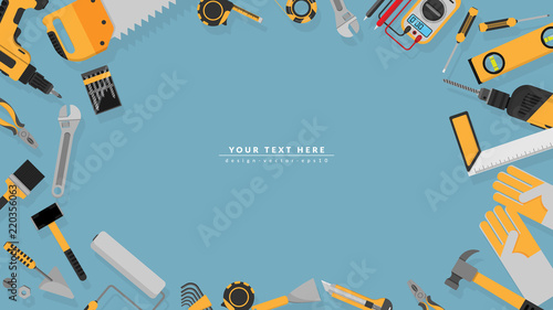 border frame of yellow color tools set as background with blank copy space for your text. vector illustration a part of tools set icons isolated on blue background , flat design