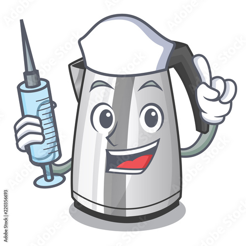 Nurse plastic electric kettle isolated on cartoon