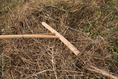 Wooden rake with old dry grass, haystack. Field and agriculture tool.