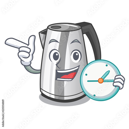 With clock plastic electric kettle isolated on cartoon
