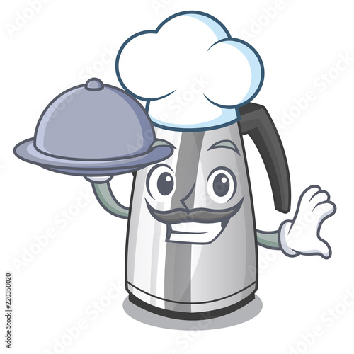 Chef with food kitchen electric kettle on a mascot