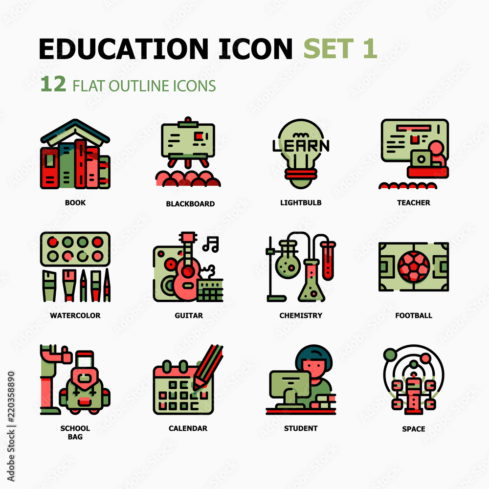 Education Flat Outline icons.Back to school Concept Thin line icons.
