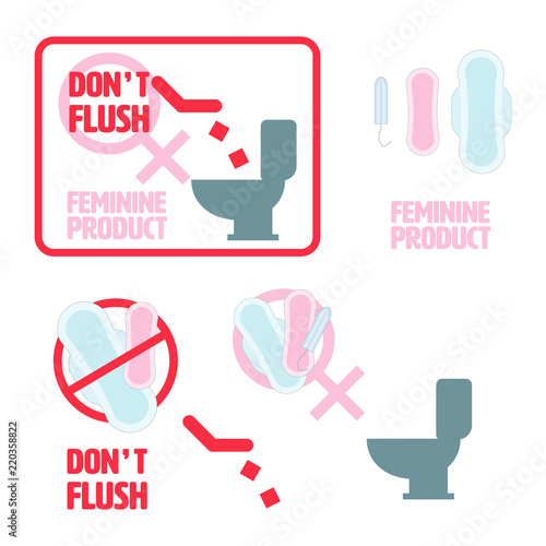 Feminine product objects set. Elements for creating your own artwork. Don’t flush down the toilet concept. Vector illustration.
