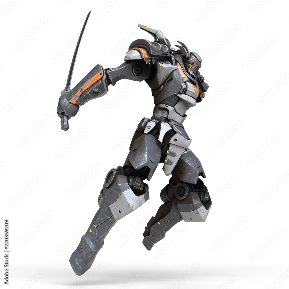 Sci-fi mech warrior jumping and attacking with katana sword. Sword in  outstretched hand. Futuristic robot with white and gray color metal. Mech  Battle. Orange paint. 3D rendering on a white background Stock