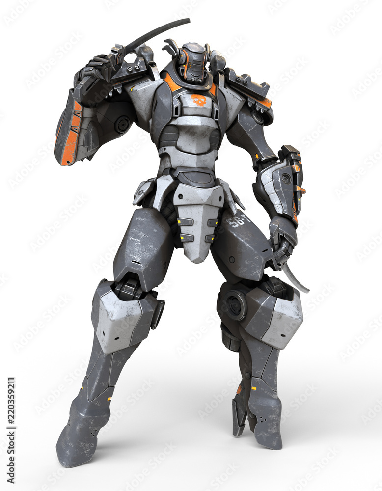 Mech samurai warrior standing and holding two swords. Robot with a katana on his shoulder. Futuristic robot with white and gray color metal. Sci-fi Mech Battle. 3D rendering on white background.