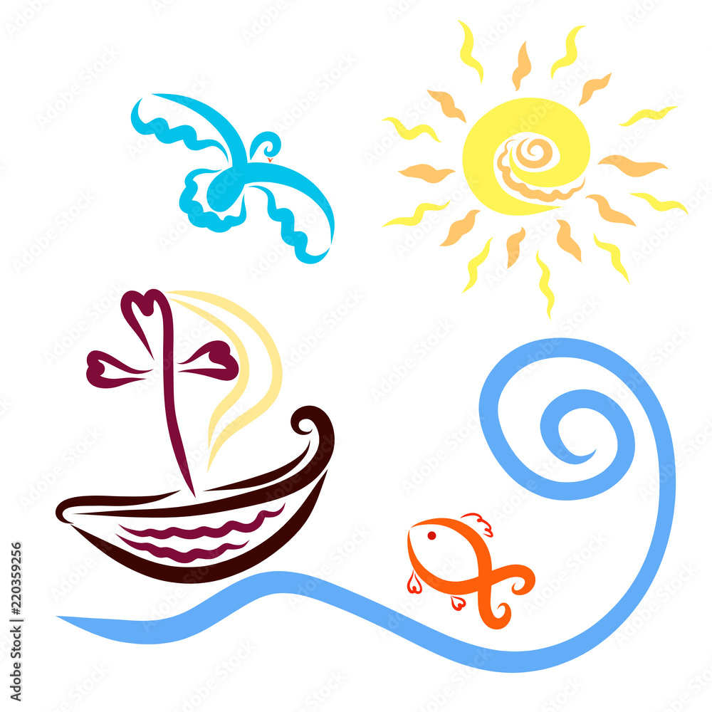 The lifeboat, fish, flying bird and sunlight The lifeboat, fish, flying bird and sunlight