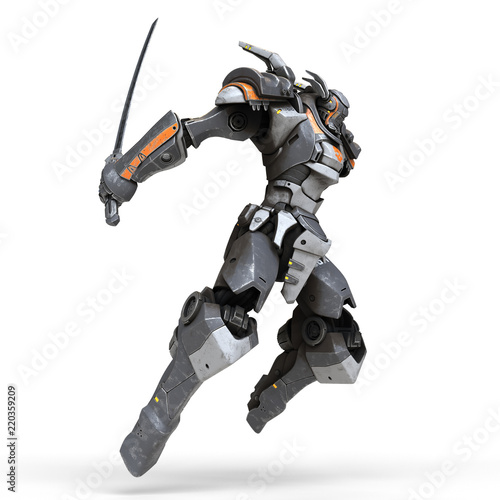 Sci-fi mech warrior jumping and attacking with katana sword. Sword in outstretched hand. Futuristic robot with white and gray color metal. Mech Battle. Orange paint. 3D rendering on a white background