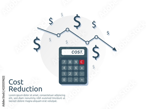 cost reduction concept. calculator and arrow line decrease. dollar money fall down symbol. economy stretching rising drop. Business lost crisis. bankrupt icon. banner vector illustration.