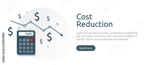 cost reduction concept. calculator and arrow line decrease. dollar money fall down symbol. economy stretching rising drop. Business lost crisis. bankrupt icon. banner vector illustration.