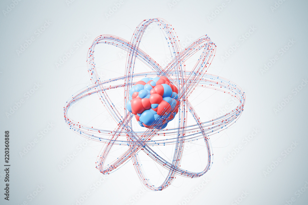 Red blue atom nucleus over gray background - obrazy, fototapety, plakaty 