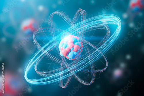 Obraz na płótnie Red blue atom model over blurred blue and red