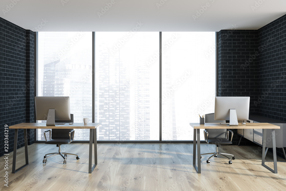 Fototapeta premium Black brick manager office interior, front view