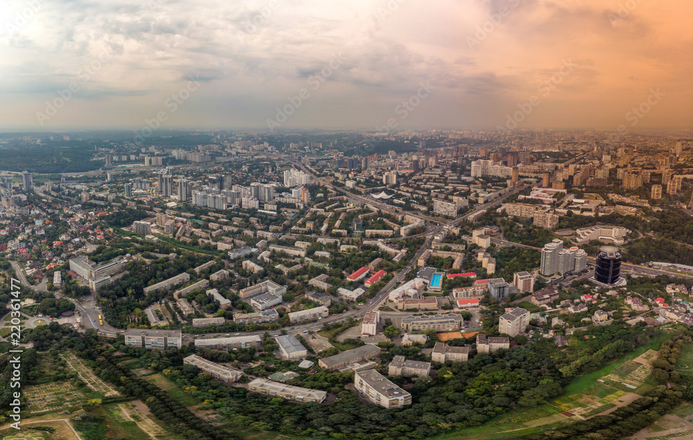 Obraz premium Aerial view panorama of Kiev under National Botanical Garden named after M.M. Grishka. View to the right bank and business center of the city