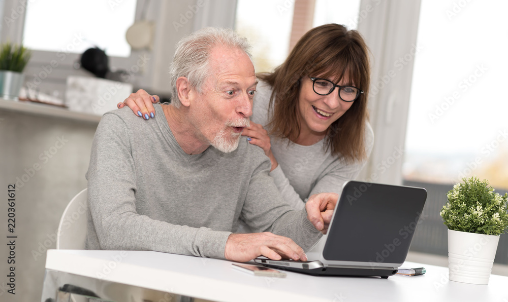 Happy mature couple having a good surprise on laptop Happy mature couple having a good surprise on laptop