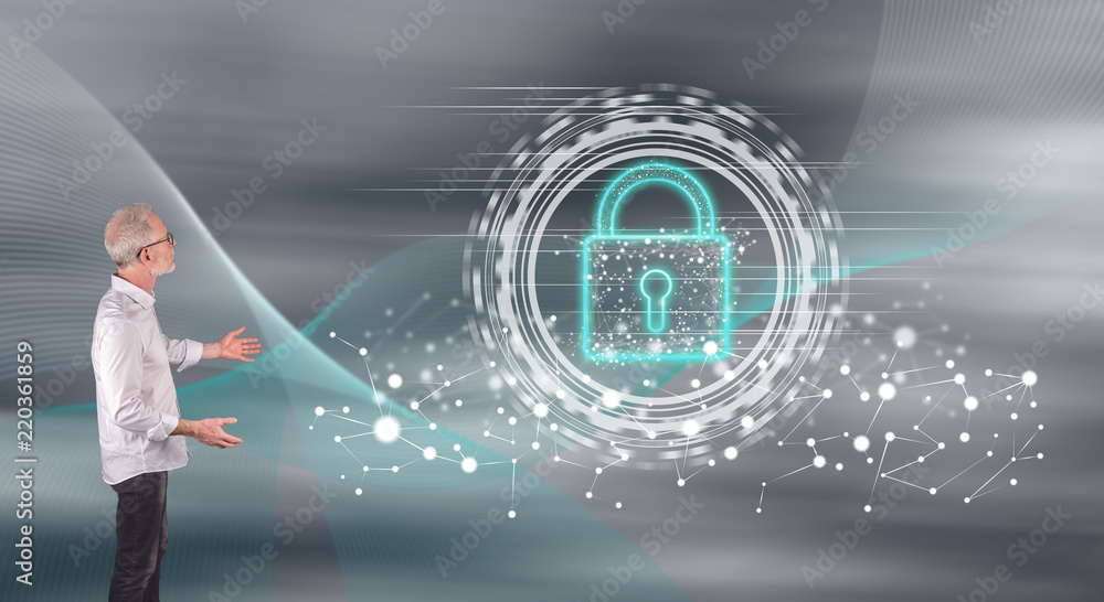 A digital security concept explained by a businessman on a wall screen A digital security concept explained by a businessman on a wall screen