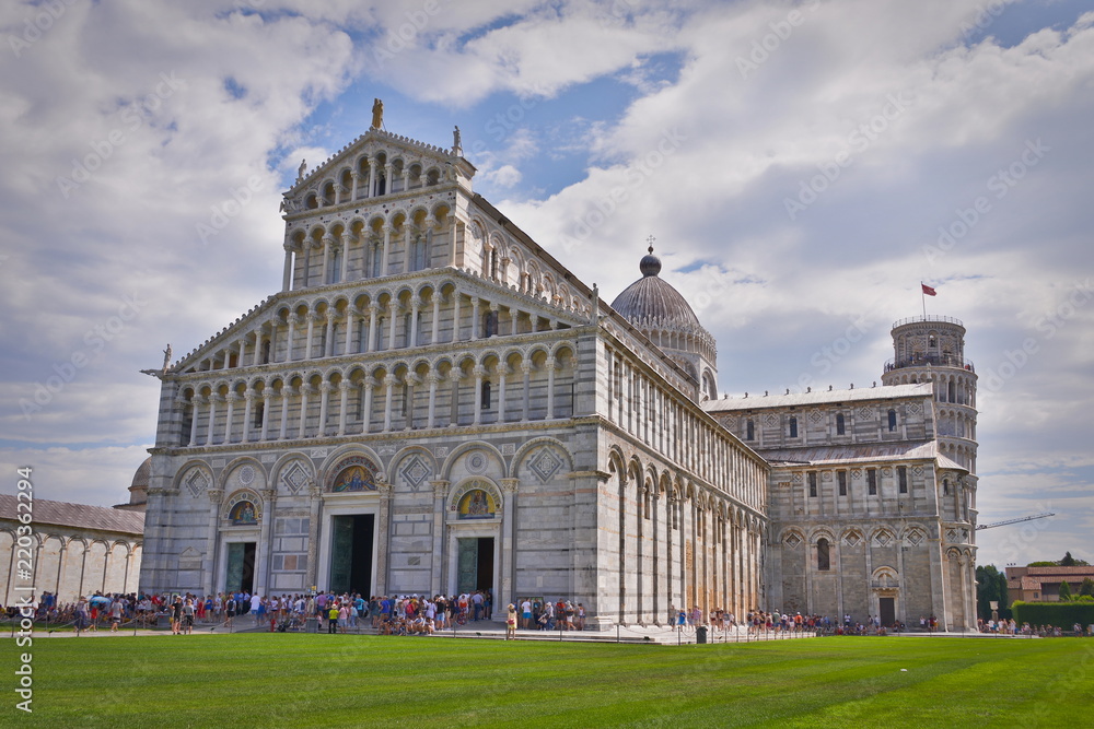 This is a view of Pisa with famous Leaning Tower. August 3, 2018. Pisa, Italy.