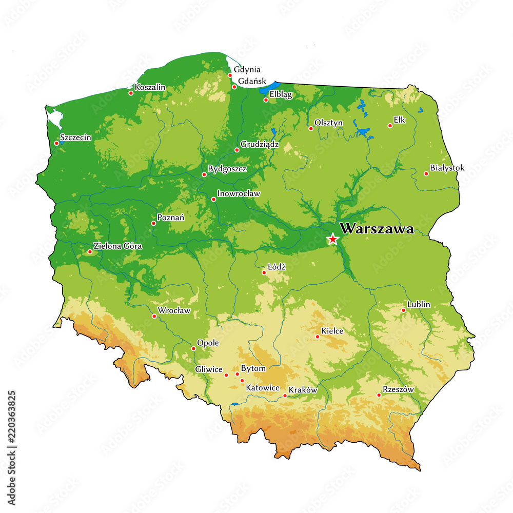 Fototapeta premium Polska mapa fizyczna