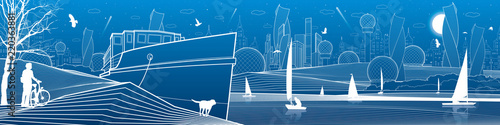 City infrastructure panoramic illustration. Cyclist with dog under tree. Ship landed at sea shore. Sailing yachts by water. Futuristic town. White lines on blue background. Vector design art