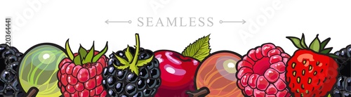Sketch garden berries with leaves seamless border frame background. Gooseberry, blackberry currant strawberry and raspberry. Fresh juicy sweet food, Symbol of healthy lifestyle dieting vector