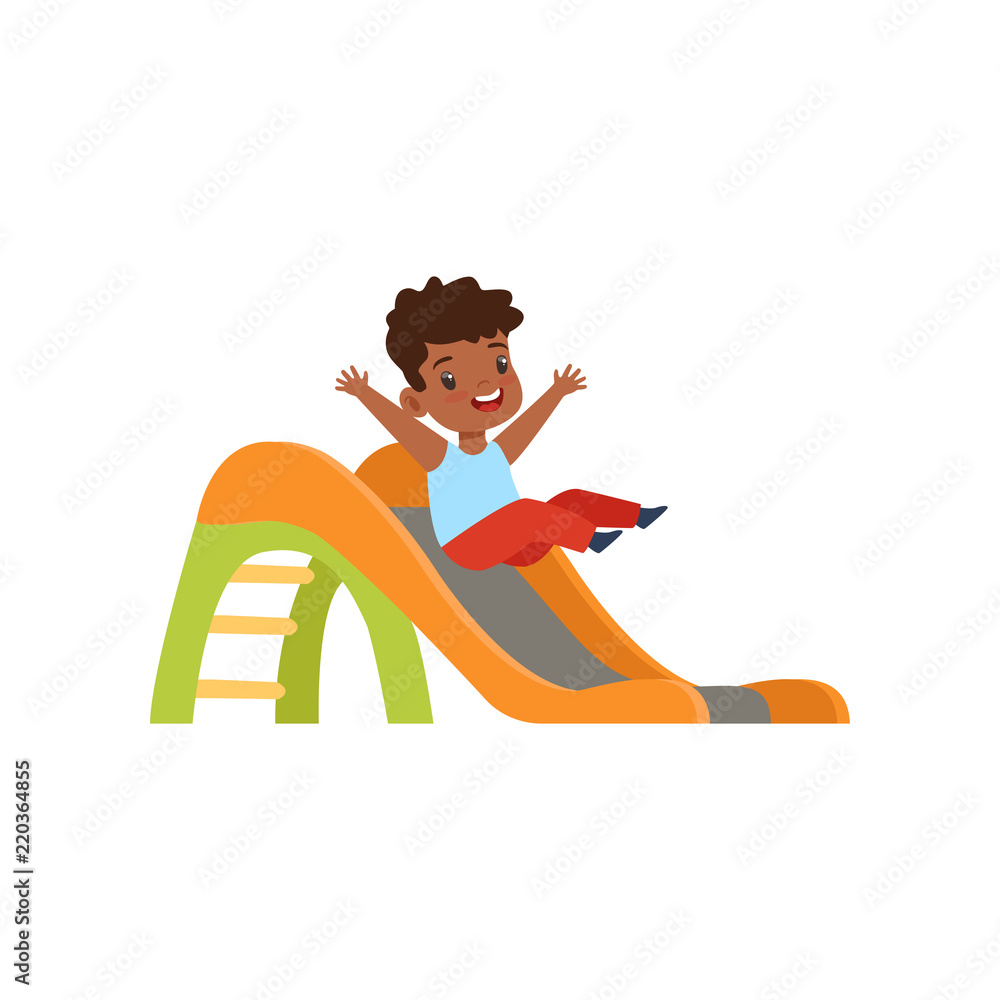 Cute little african american boy sliding down the slide, kid having fun on  playground vector Illustration on a white background Stock Vector
