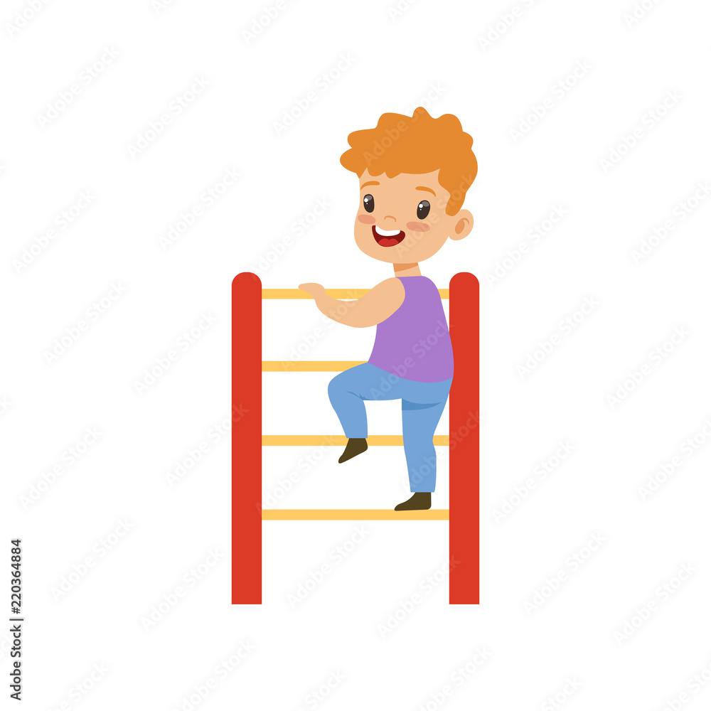 Cute little boy climbing up ladder, kid having fun on playground vector Illustration on a white background Cute little boy climbing up ladder, kid having fun on playground vector Illustration on a white background