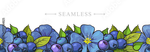 Sketch garden berries, leaves and flowers seamless border frame background. Blackberry or black currant with blue flowers. Fresh juicy sweet food, Symbol of healthy lifestyle dieting vector