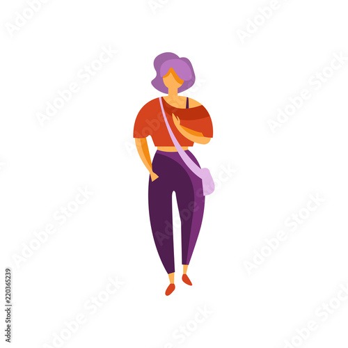 Stylish girl wearing pants and blouse, elegant fashionable young woman in modern clothing vector Illustration on a white background © topvectors