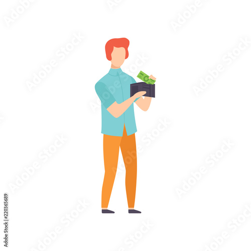 Young man holding wallet with money, saving and investing money concept vector Illustration on a white background
