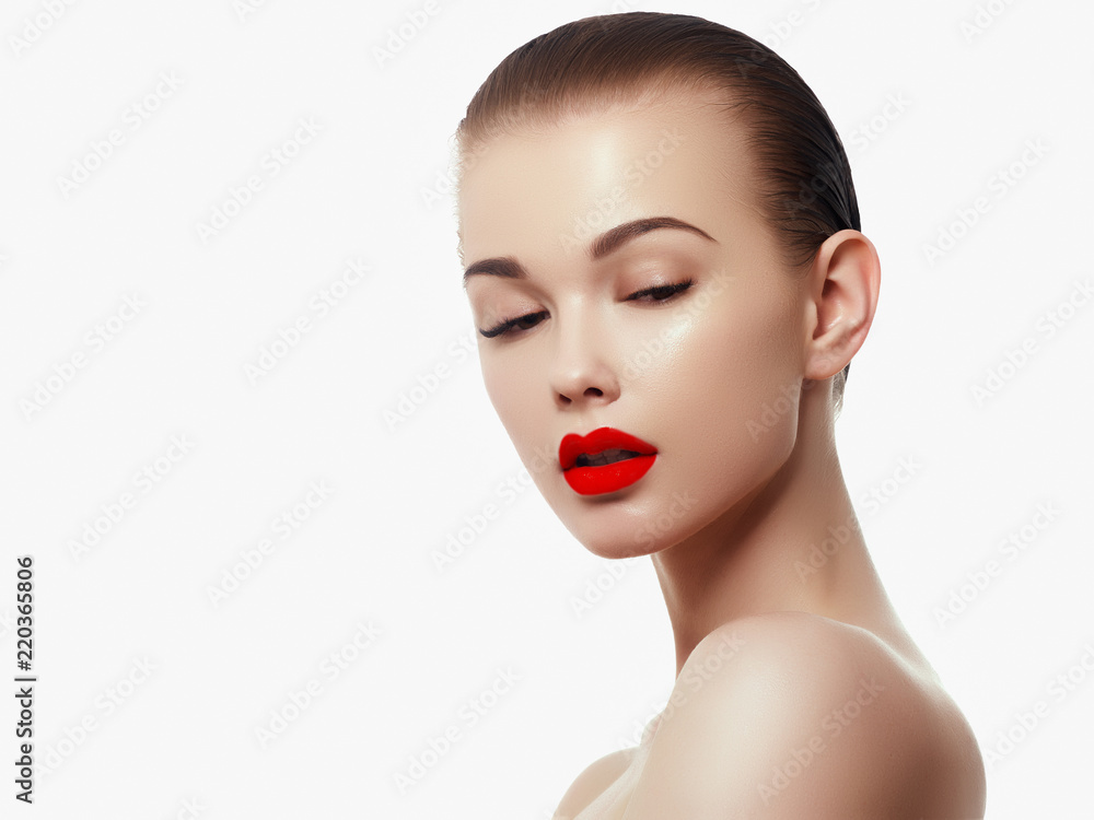 Beauty girl. Beautiful woman face close up studio on white. Beautiful smiling woman with natural make-up, clean skin on white background Beauty girl. Beautiful woman face close up studio on white. Beautiful smiling woman with natural make-up, clean skin on white background