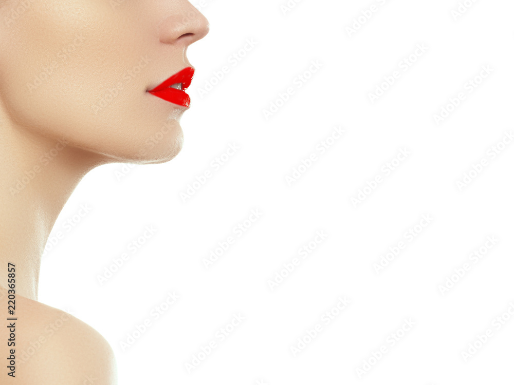 Woman health. Red Sexy Lips . Open Mouth. Makeup cosmetics. Make up concept. Beauty model girl's face isolated on white background. Filler injections. Lip augmentation, Beautiful Perfect Lips Woman health. Red Sexy Lips . Open Mouth. Makeup cosmetics. Make up concept. Beauty model girl's face isolated on white background. Filler injections. Lip augmentation, Beautiful Perfect Lips