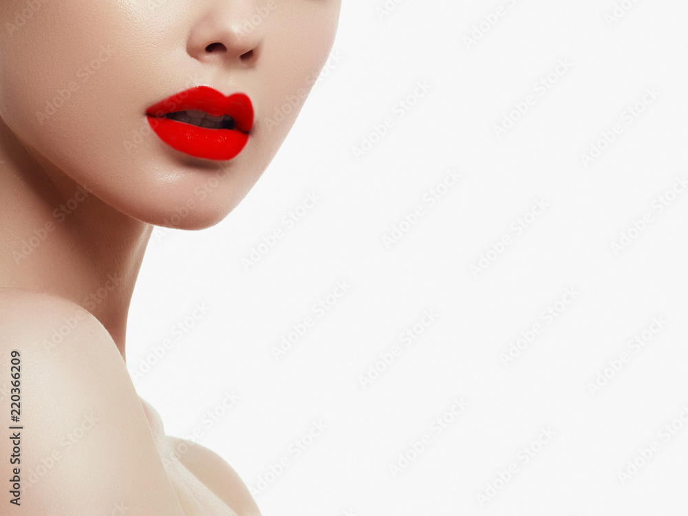 Woman health. Red Sexy Lips . Open Mouth. Makeup cosmetics. Make up concept. Beauty model girl's face isolated on white background. Filler injections. Lip augmentation, Beautiful Perfect Lips Woman health. Red Sexy Lips . Open Mouth. Makeup cosmetics. Make up concept. Beauty model girl's face isolated on white background. Filler injections. Lip augmentation, Beautiful Perfect Lips