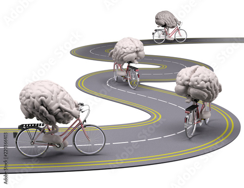 human brain with arms and legs on bicycle on the road