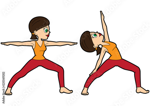 Yoga asana set warrior two/ Illustration cartoon girl doing virabhadrasana II. Two variations
