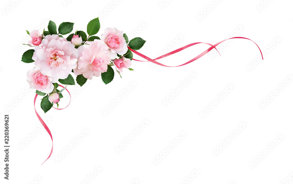 Fototapeta premium Różowe kwiaty i jedwabne falowane wstążki w narożnym układzie