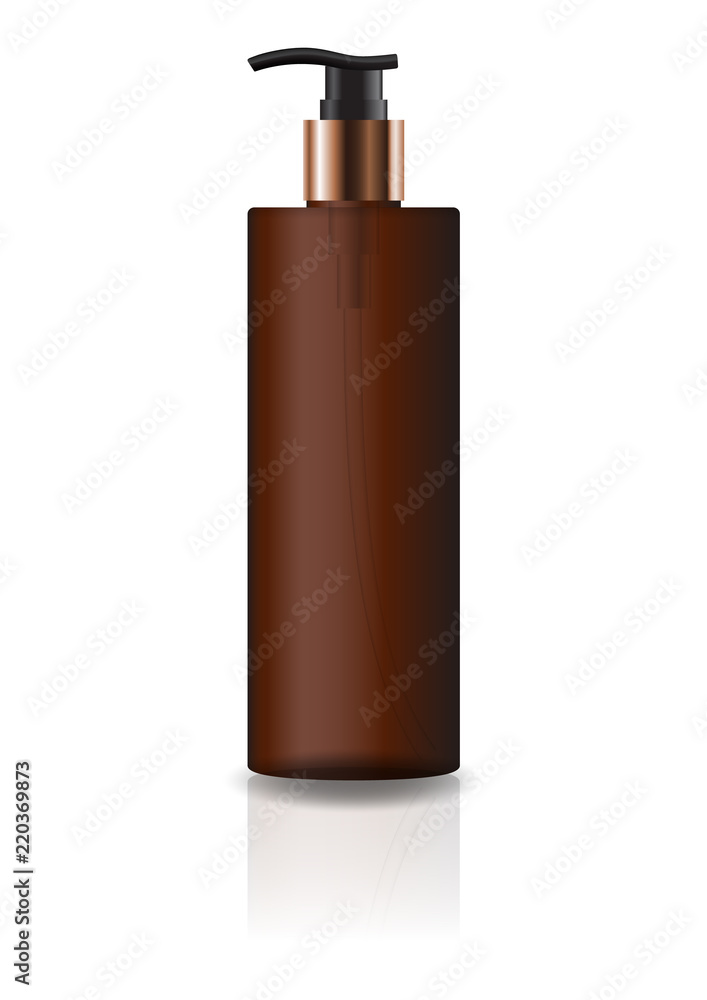 Blank brown cosmetic cylinder bottle with pump head for beauty or healthy product. Isolated on white background with reflection shadow. Ready to use for package design. Vector illustration. Blank brown cosmetic cylinder bottle with pump head for beauty or healthy product. Isolated on white background with reflection shadow. Ready to use for package design. Vector illustration.