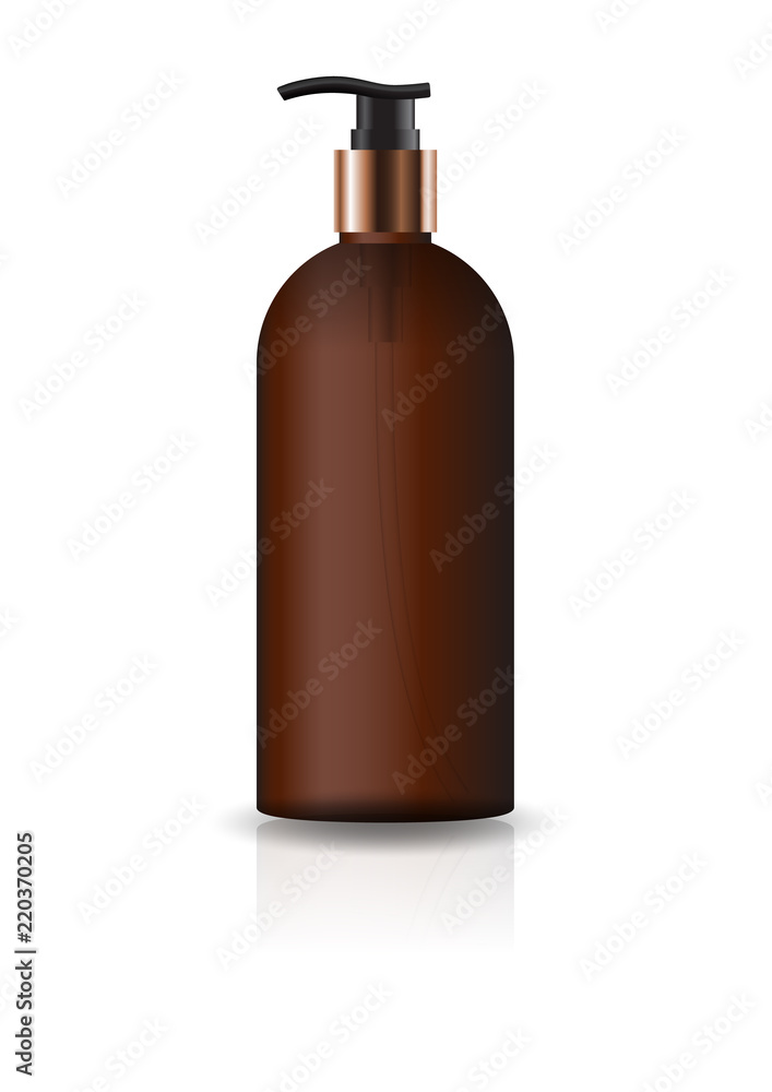 Blank brown cosmetic round bottle with pump head for beauty or healthy product. Isolated on white background with reflection shadow. Ready to use for package design. Vector illustration. Blank brown cosmetic round bottle with pump head for beauty or healthy product. Isolated on white background with reflection shadow. Ready to use for package design. Vector illustration.