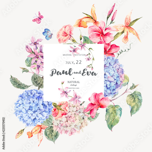 Vector vintage floral greeting card with hydrangeas, orchids